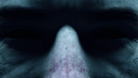 scary menacing gaze of a man with empty black eyes close-up. horror concept. seamless loop character facial animation with cinematic lighting. 3d render