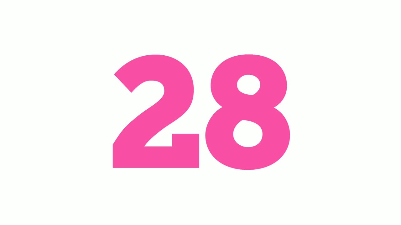 Numero 28 ventotto, animazione a cartoni animati su sfondo bianco, grafica animata 4K di numeri a cartoni animati per elementi video.