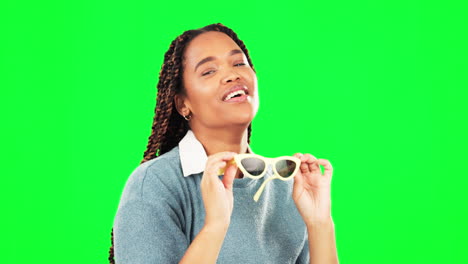 Cool,-green-screen-and-woman-remove-sunglasses