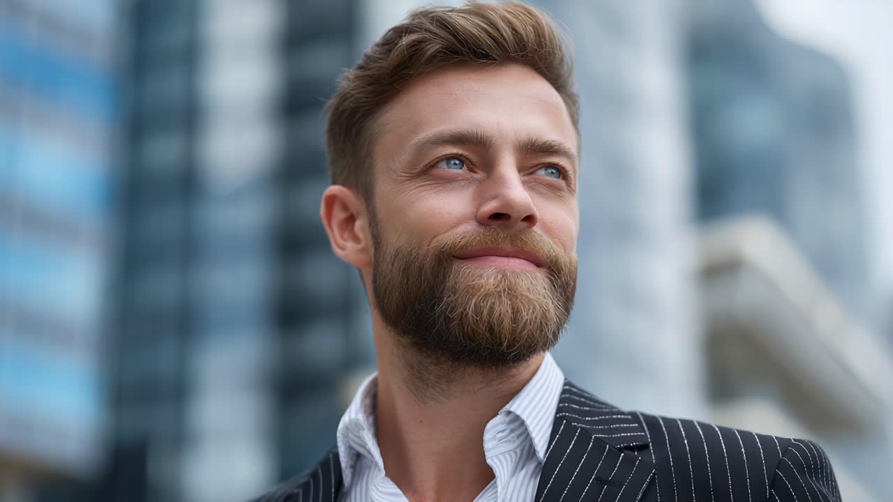 Pewny siebie biznesmen cieszący się życiem w nowoczesnym otoczeniu miejskim, emanujący profesjonalizmem i optymizmem dzięki stylowemu wyglądowi