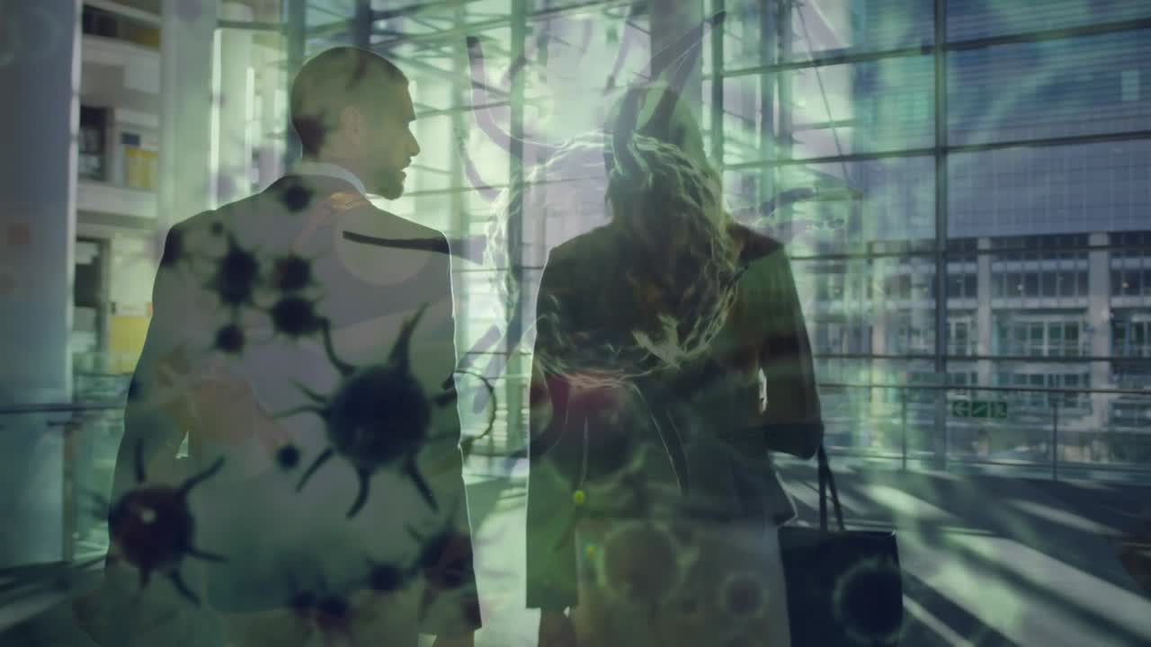 Animación de células de virus sobre diversas personas de negocios caminando
