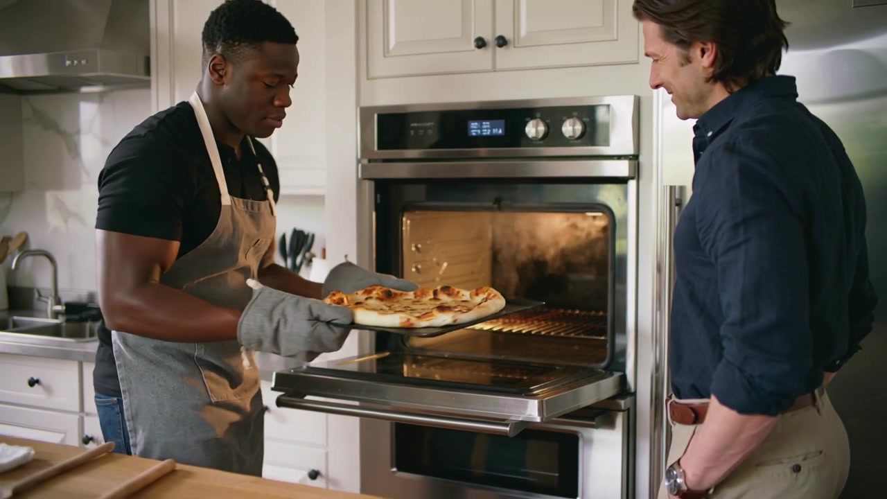 Cocinero con delantal abriendo la puerta del horno, sacando una pala de pizza con guantes del horno en la cocina para inspección