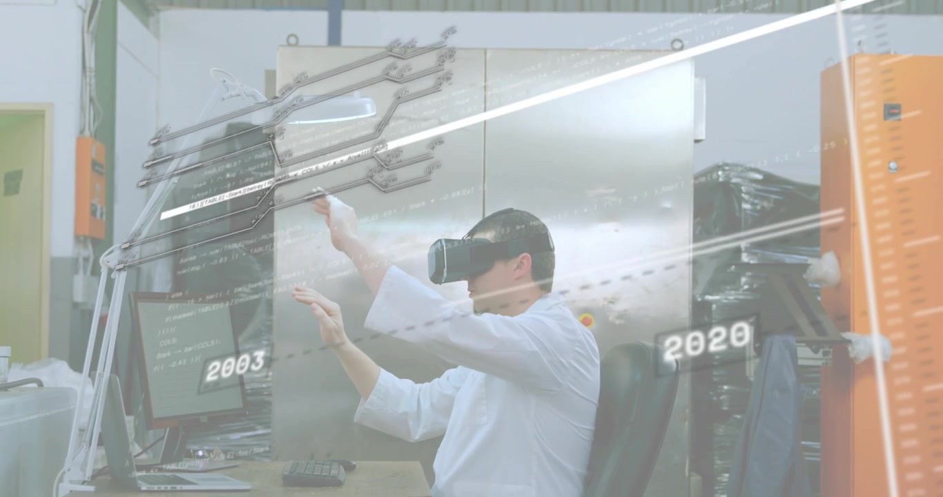 Engineer pulling VR headset over eyes in lab exploring holographic timeline updating nodes