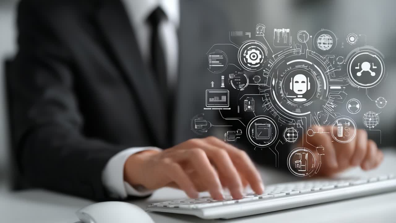 A Professional Interacting with AI Technology: Exploring Innovations in Automation and Digital Assistance Through Advanced Interfaces in a Modern Workspace