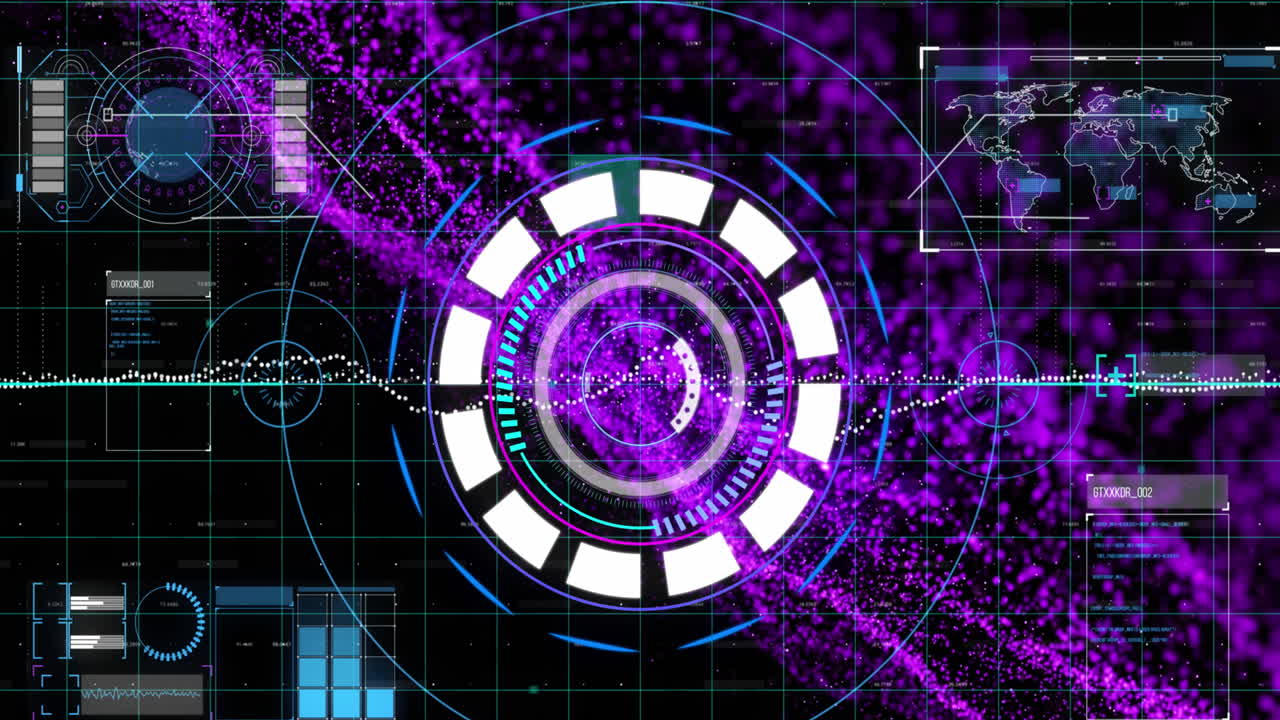 animación del reactor de arco sobre puntos que forman un patrón dinámico, globo, mapa y lenguaje informático