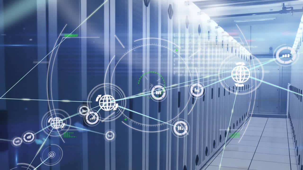 Animation of connections, scope scanning and data processing over tech room with computer servers