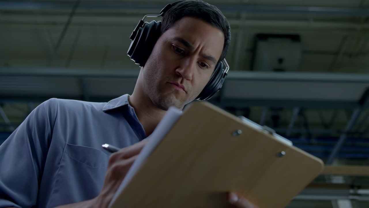 Man with clipboard wearing safety ear muffs