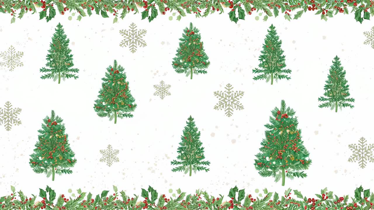 Looping evergreen tree pattern shifting on festive canvas with falling snow and garland for gifts