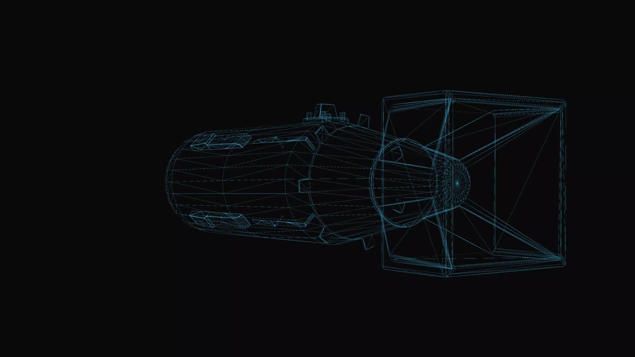 Atomic bomb, ballistic missile wireframe scheme. Nuclear war danger. 3d render with blue grid lines. Loop rotation on black background.