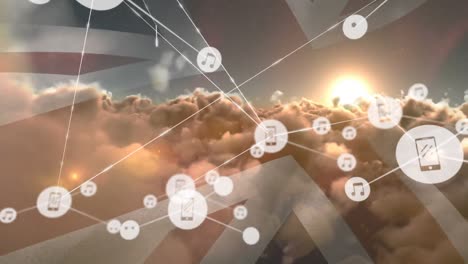 animation of network of profile icons over clouds and sun in the sky against waving uk flag