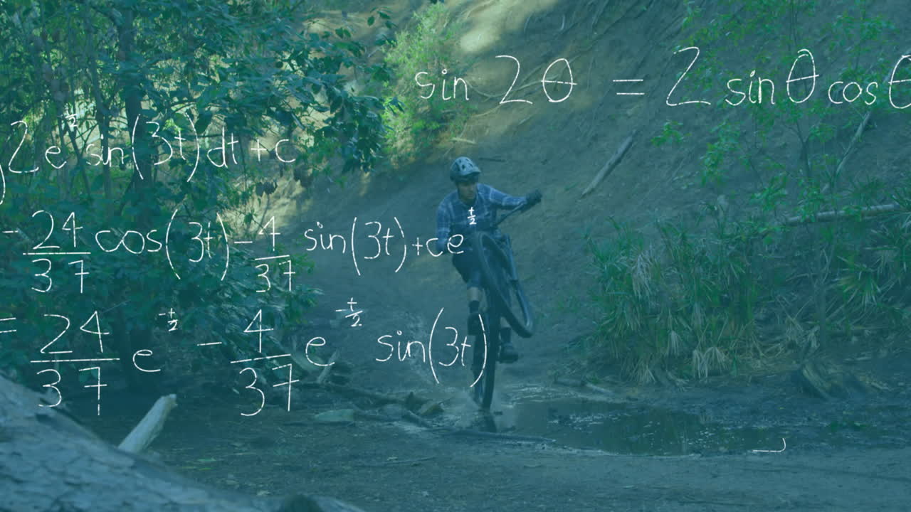 ecuaciones matemáticas contra el hombre en bicicleta en el bosque