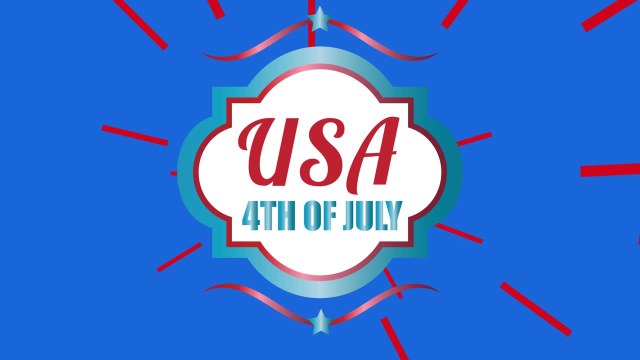 7월 4일의 애니메이션 블루 배경에 있는 미국 국기 색상의 텍스트