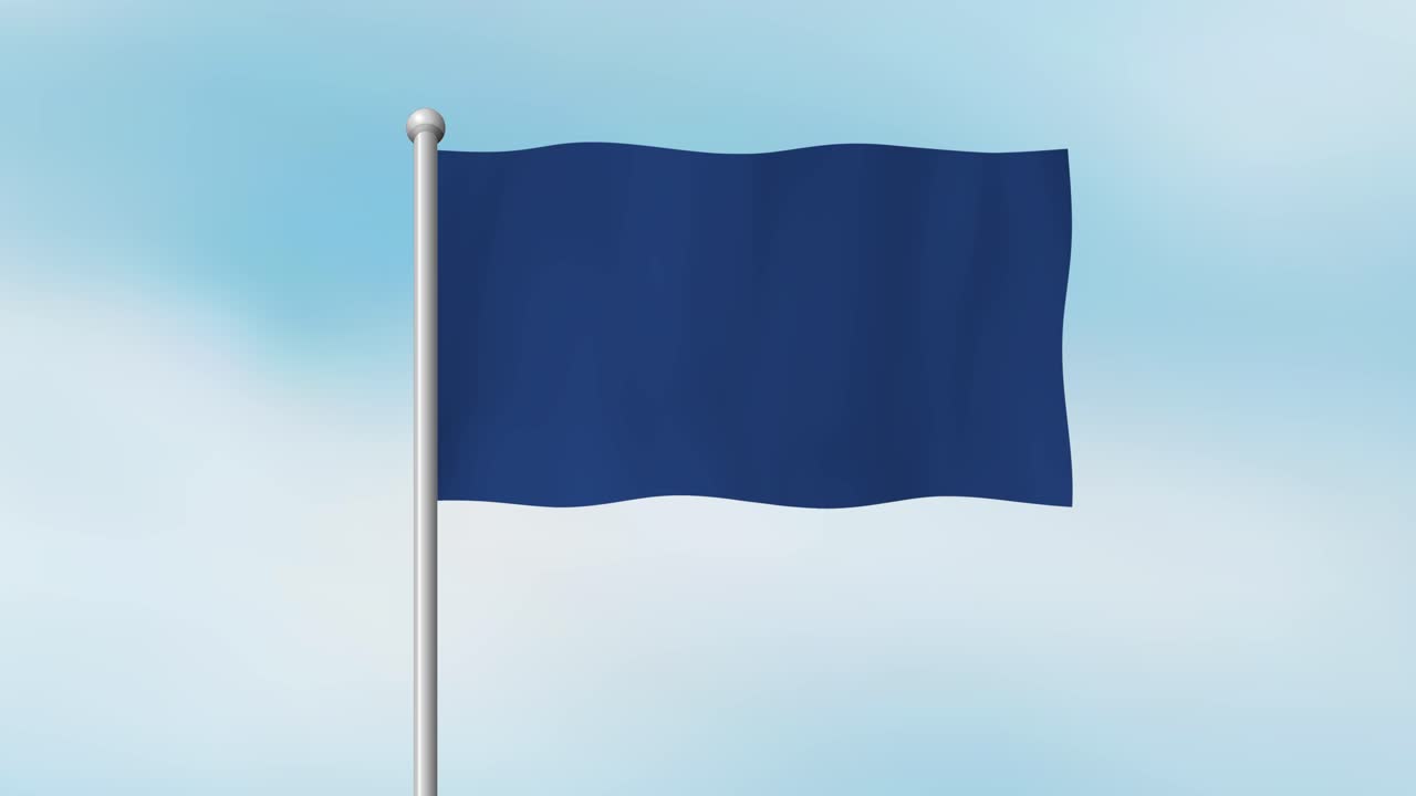 Blue flag gently waves on a flagpole, animated with smooth motion against a soft sky