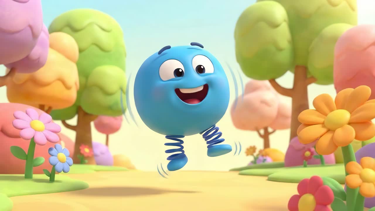 Personagem de desenho animado em uma paisagem colorida