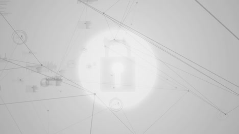 digital animation of network of connections over security padlock icon on grey background