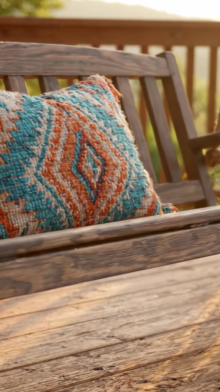 A Cozy Swing with Vibrant Cushion on a Wooden Deck Amidst Nature's Tranquility and Warm Glow of Sunset, Perfect for Relaxation and Reflection
