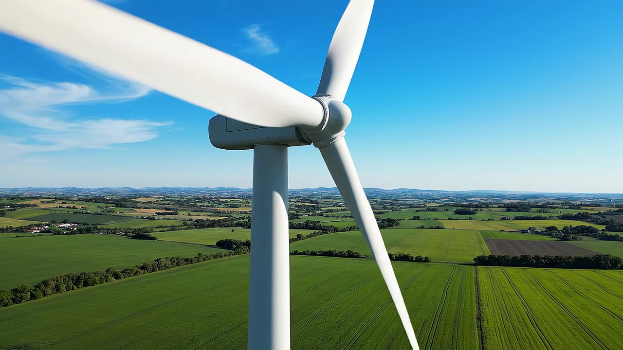 Turbina eolica per energia rinnovabile su un paesaggio rurale verde e rigoglioso