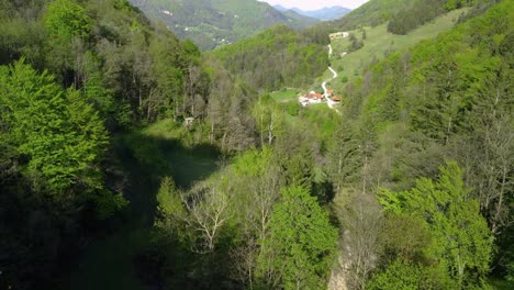 Going-up-in-front-of-small-farm-beside-road-in-hills-valley-between-green-forest