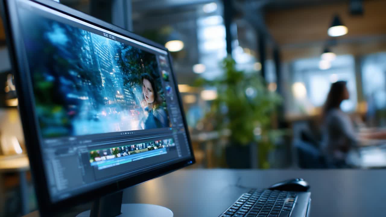 Professional video editing workstation featuring a high-resolution monitor showcasing cinematic visuals with a focused editing interface in a modern studio environment