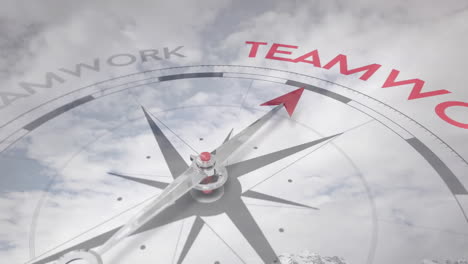 compass pointing to teamwork text animation over cloudy sky background