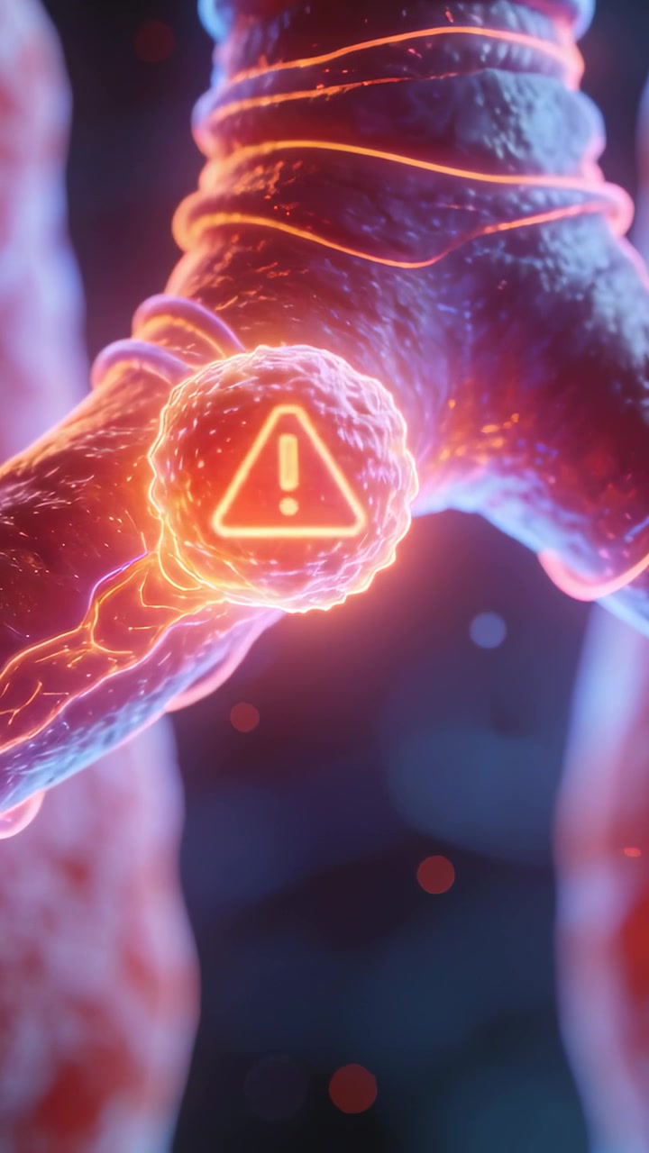 Vertikal video: Neonhalobelysning, skapar ett förgreningsrör som visar en glödande nod i en skanning som markerar en lesion.