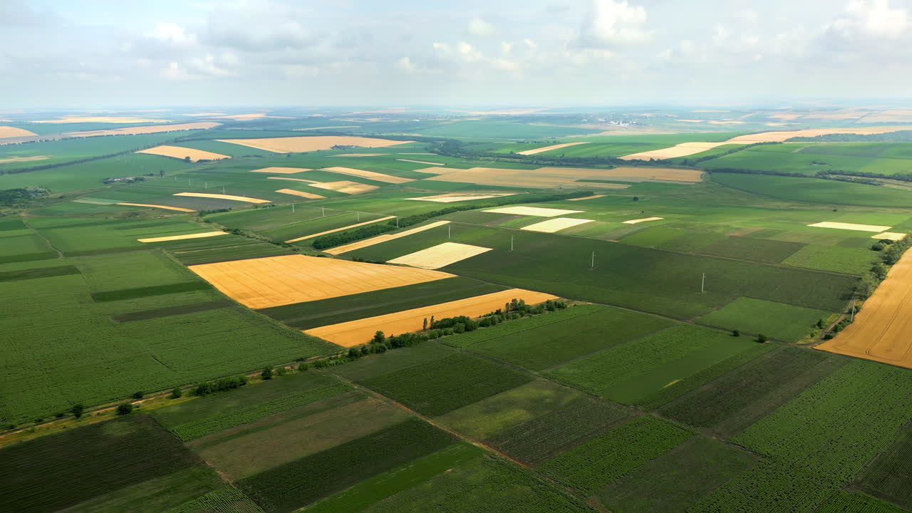 Vista aerea con drone della natura in Moldavia. Ampi campi verdi, cielo parzialmente nuvoloso