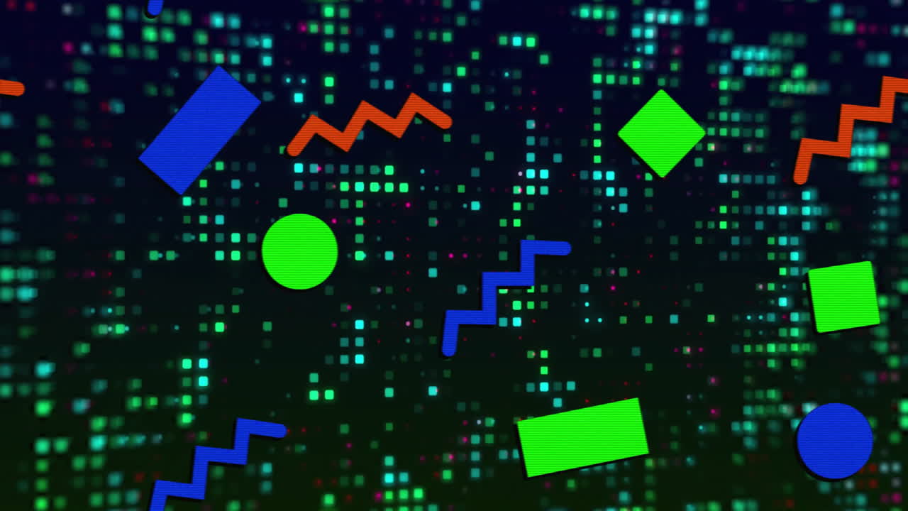 Animation of colourful shapes over green spots on black background