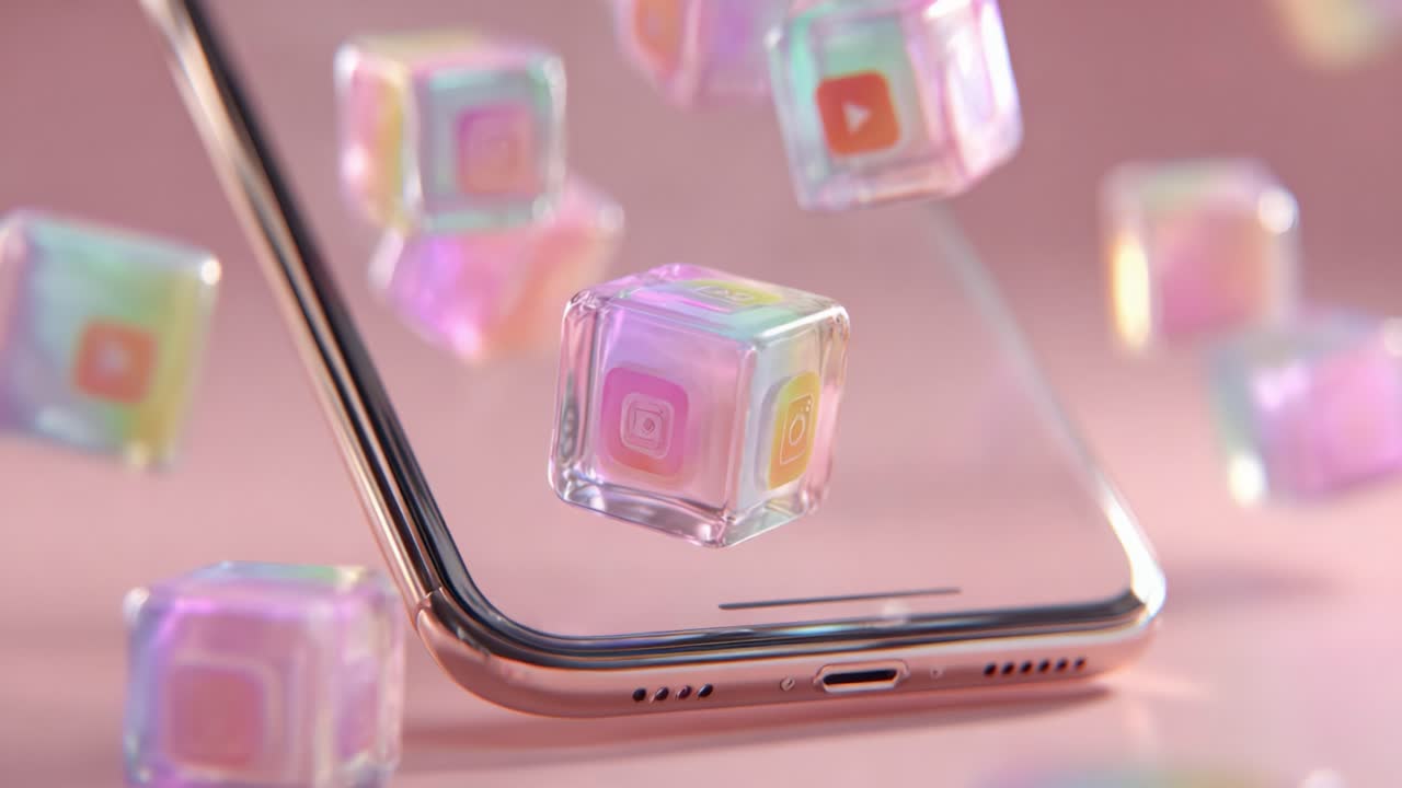 A Modern Smartphone Surrounded by Colorful, Translucent Social Media Icons in Cube Form, Symbolizing Digital Communication and Connectivity in Today’s World