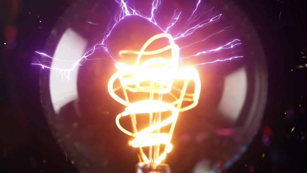 Video in primo piano di una lampadina luminosa con scintille elettriche, su uno sfondo scuro e vibrante.