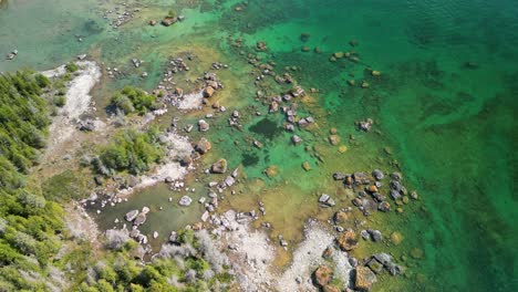 aerial view topdown pan of forested beach and boulder field in lake huron