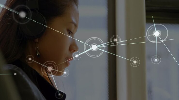 Animation of network of connections over schoolgirl using headphones