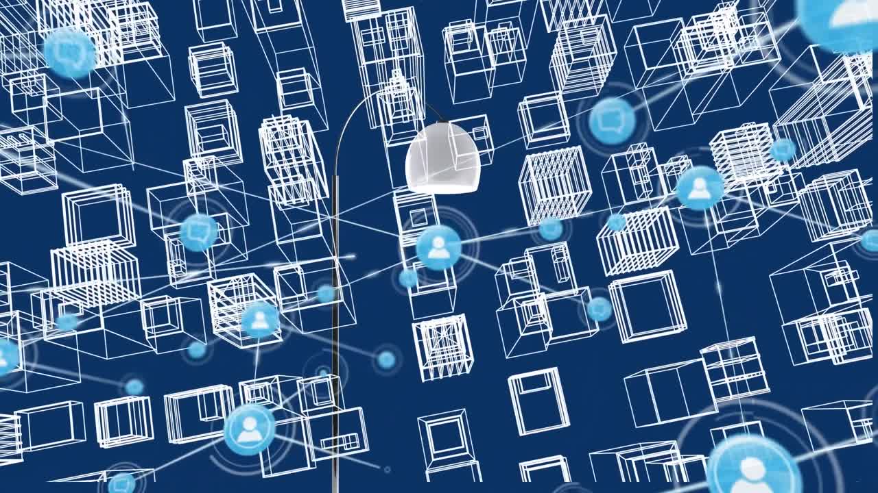 파란색 배경에 대한 건물의 3d 모델의 공중 전망 위에 연결된 아이콘의 애니메이션