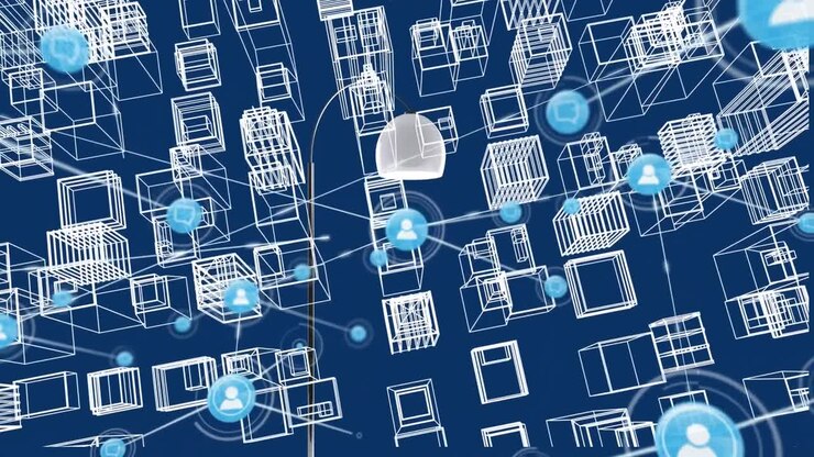 Animation of connected icons over aerial view of 3d model of buildings against blue background