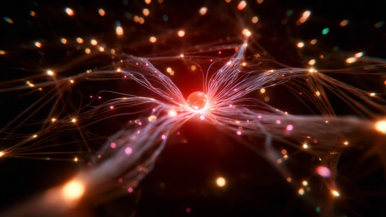 A captivating macro view of intricate networks of luminous particles and vibrant energy pathways converging in a dynamic dance, creating a mesmerizing visual experience of cosmic interplay and pulsating light