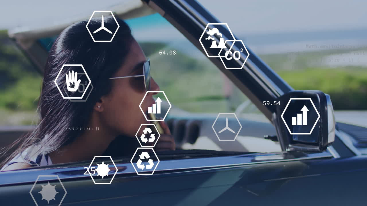 Woman driving convertible with environmental data and icons overlay animation