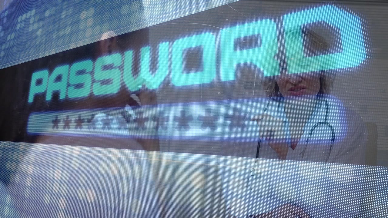 Medico in consulto con paziente con overlay di password digitale