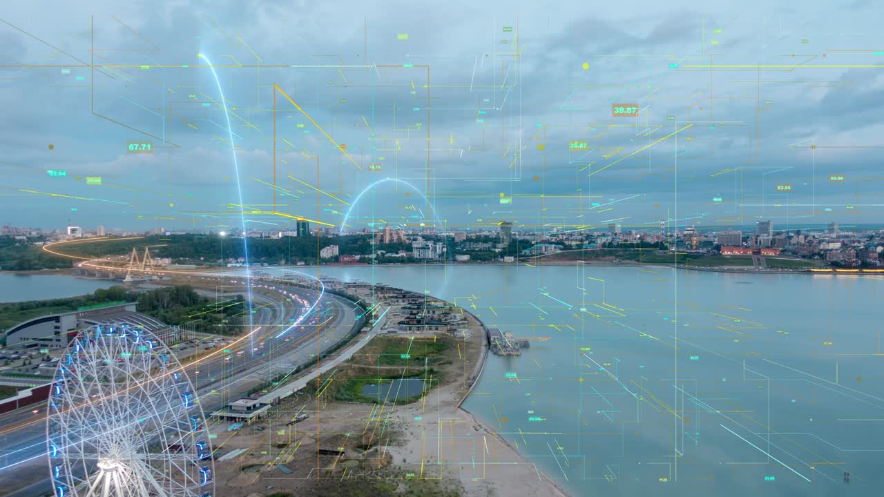 스마트 시티 항공 드론 영상 홀로그램 정보 아치 네트워크 통신 동안 형성 미래의 네트워크 및 기술 5g 드론 낮은 빛 4k 비디오 루프, 타임 라프
