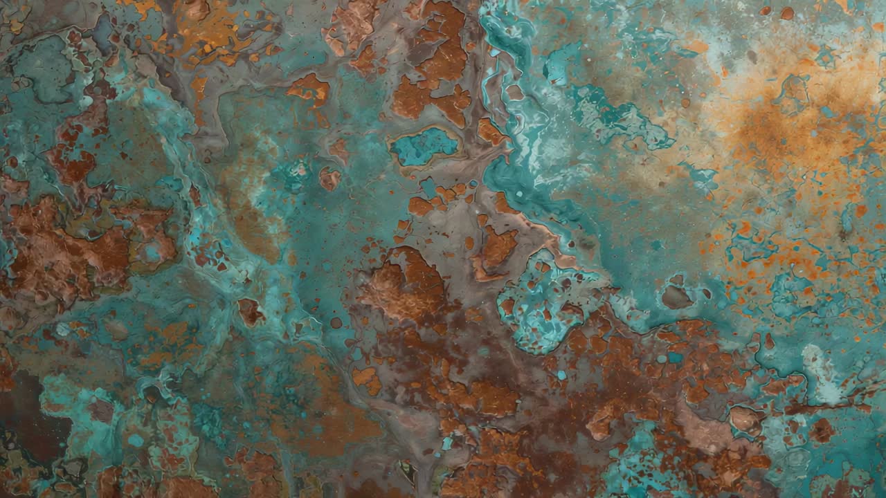 Panorerende kamera afslører teal- og rustpatina i nærbillede, der afdækker ravfarvede pletter og orangefarvede stænk