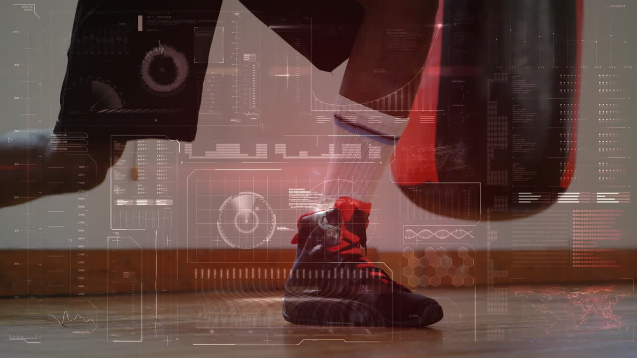 Boxer training with digital data processing animation over red boxing gloves
