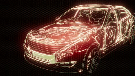 holographic animation of 3d wireframe car model with engine