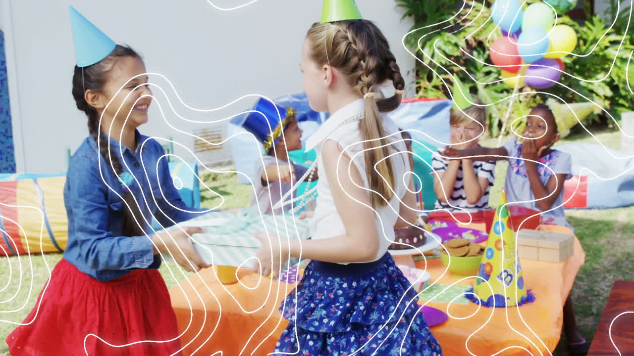 생일 파티에서 선물과 함께 다양한 아이들을 가로지르는  ⁇  선의 애니메이션
