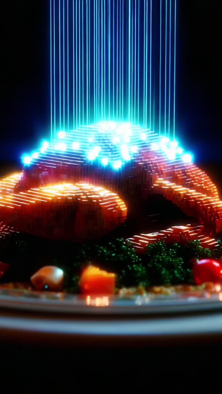 A Stunning Gourmet Dish Illuminated by Vibrant Light Beams, Featuring Intricate Patterns and Colors That Highlight the Culinary Artistry, Making it an Attractive Centerpiece for Any Dining Experience