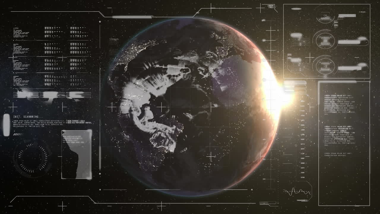 Digital interface with data processing against spot of light and globe rotating in space