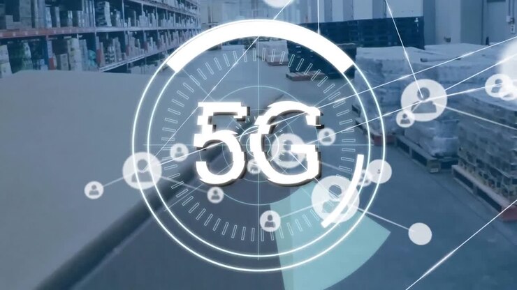 Animation of network of connections with icons and 5g text over warehouse