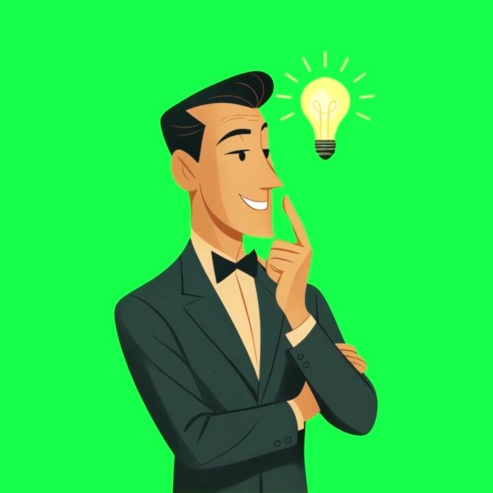 Uomo animato in abito ha un'idea brillante con una lampadina