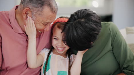 happy, love and grandparents with child on a sofa