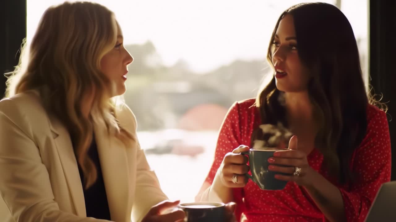 In a bright and inviting cafe, two women engage in a friendly conversation while sipping coffee. Their relaxed expressions suggest a deep connection as they share laughs and stories.