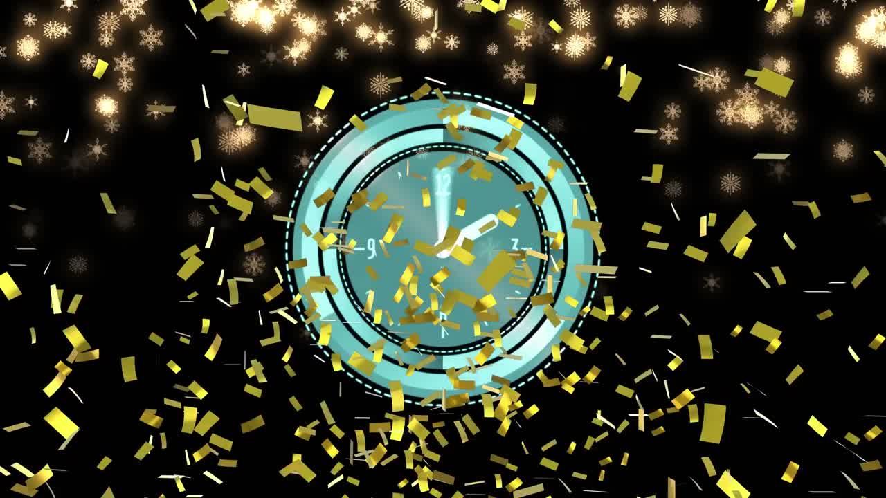 animación de un reloj con confeti dorado y estrellas doradas sobre fondo negro