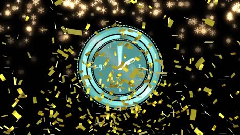 Animation-of-clock-with-gold-confetti-and-gold-stars-on-black-background