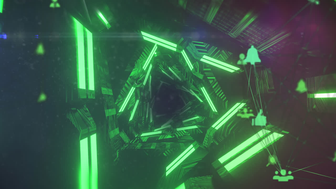 animación de un globo de iconos digitales girando contra el túnel de neón en un patrón sin costuras